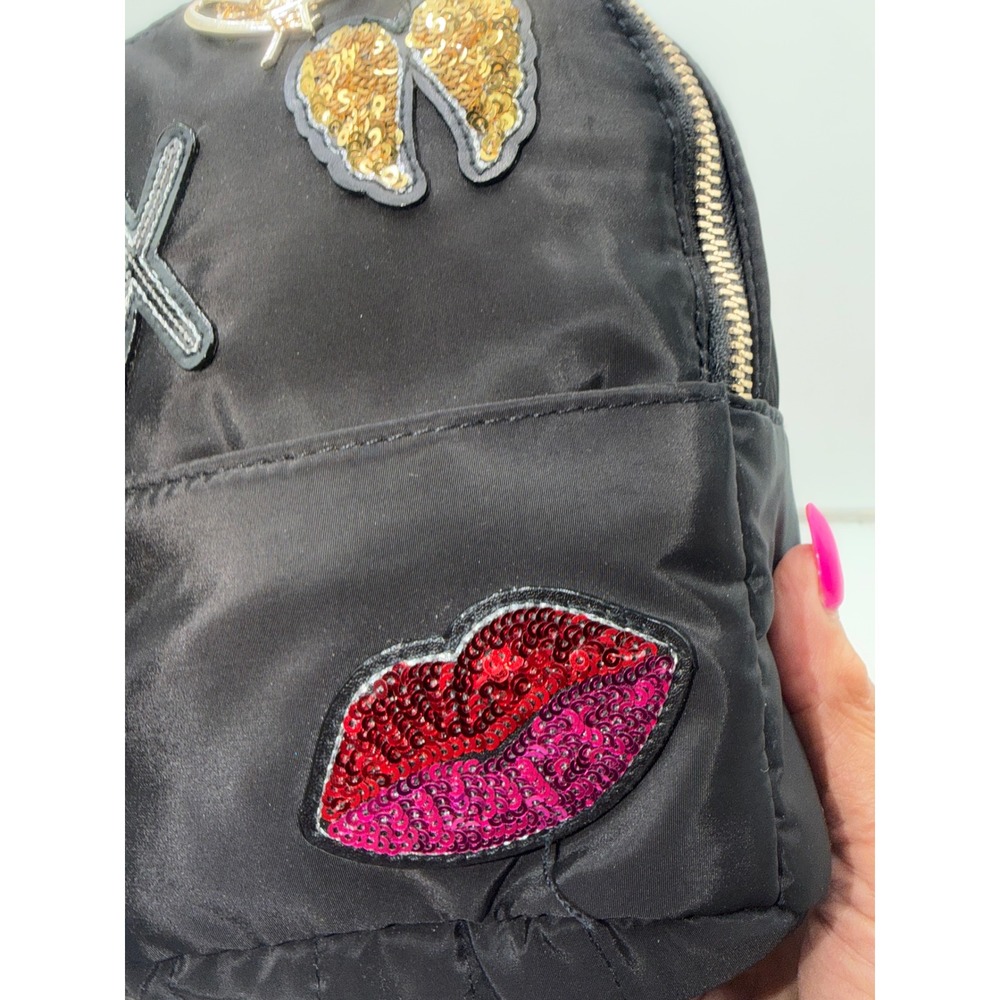 Victoria's Secret Mini Backpack Black Nylon Sequin Angel WingsXO Lips Heart Logo - Picture 6 of 11